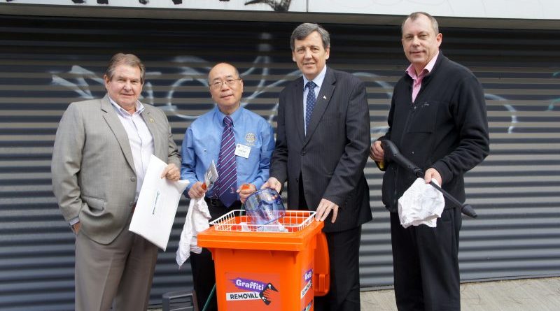 Presenting graffiti removal kit to Rotary Club of Box Hill